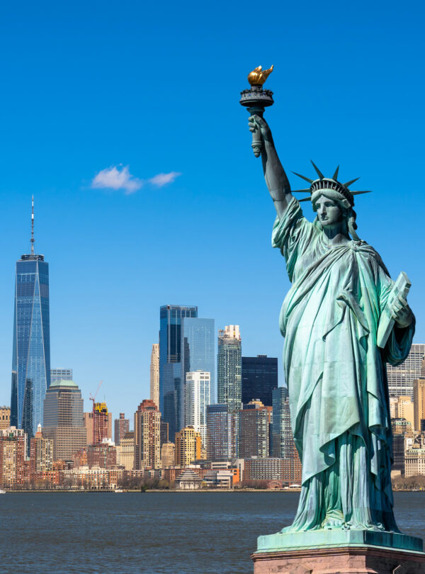 The Statue of Liberty over the Scene of New york cityscape river side which location is lower manhattan,Architecture and building with tourist concept